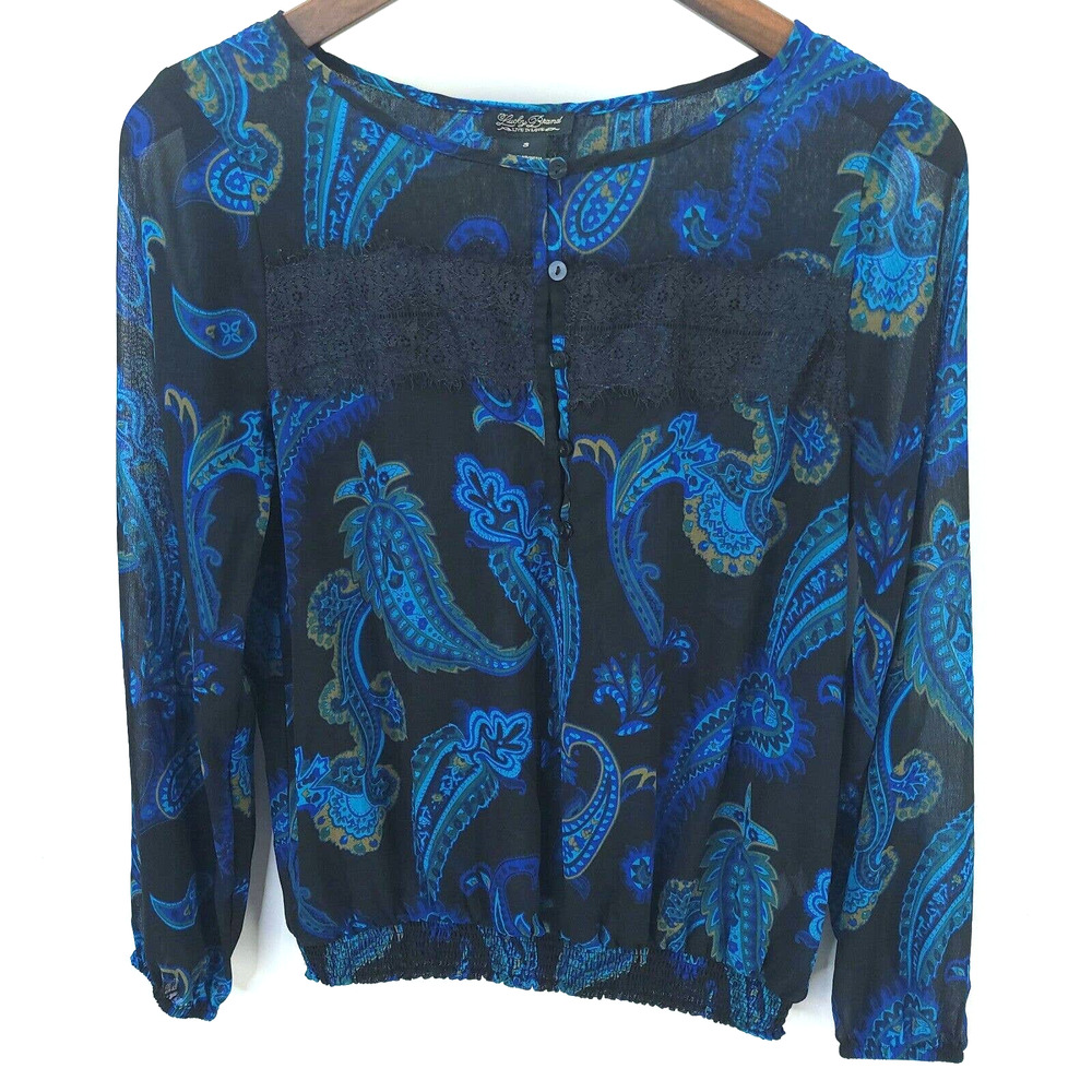 Lucky Brand Womens Blue Black Scoop Neck Paisley Pullover Blouse Top Size Small